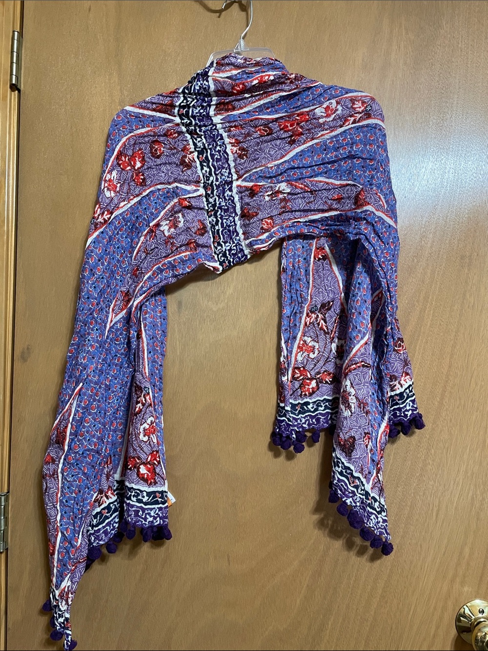 Tory Burch Purple Floral Lightweight Wrap with Pom Trim